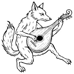Hand drawn engraving style fox playing lute. Vintage medieval animal illustration in gothic heraldic style, ideal for tattoo design, folklore projects, TTRPG graphics, fantasy art, or decorative print