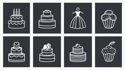 White line art dessert and figure illustrations on dark background