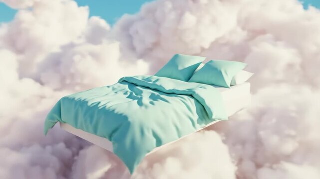 A teal bed floats amongst soft, fluffy clouds against a gradient sky. The bed has two pillows and a slightly rumpled duvet cover