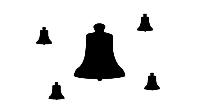 Zoom in and out animation the vintage bell symbol. Large black symbol in the center and four small symbols around. Seamless looped 4k animation on white background