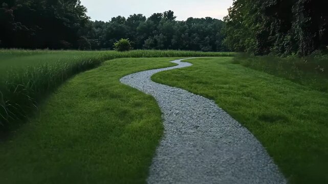 serpentine gravel path through lush green fields