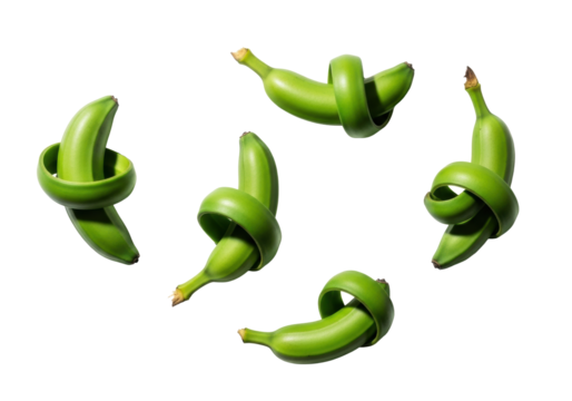 Pristine deep emerald green banana peels, elegantly curled into abstract sculptural forms, transparent background, sharp elongated shadows, high-key top-down studio lighting, concept of minimalist