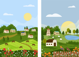 Naklejka premium Set of cards with natural landscape, farms and animals. Concept of agriculture and nature for farming. View of countryside. Pasture with domestic animals. Vector illustration