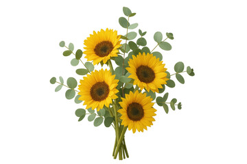 Bouquet of sunflowers and eucalyptus branches on transparent background
