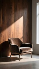 Elegant Brown Armchair in Sunlit Modern Room with Wooden Wall