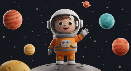Naklejka premium 3D Astronaut, A happy cartoon astronaut waves hello from a planet's surface, surrounded by colorful planets and stars in outer space