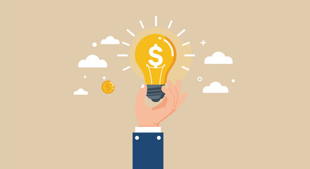Profitable idea, financial innovation, business creativity, money concept, glowing light bulb, dollar sign, entrepreneurship, success, startup, investment