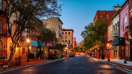 Fototapeta premium Evening view of a historic streetscape in downtown