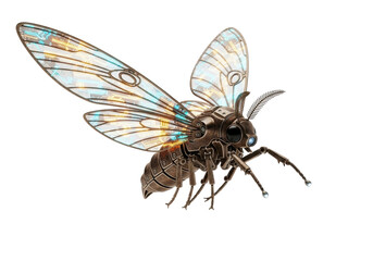 Obraz premium Highly detailed mechanical moth, tarnished bronze, glowing turquoise and amber circuit wings, poised on stark white background with soft shadows. Concept of advanced cybernetics