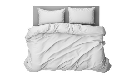 Top down view of a bed with a white duvet cover and pillows ready for a peaceful slumber on white and transparent Background	