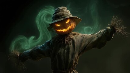 most sinister scarecrow with a pumpkin instead of a head Halloween with a smile, huge teeth, glowing green eyes, from which smoke comes out on a dark background
