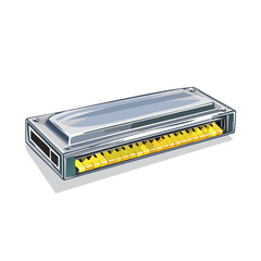 Illustration of a harmonica with a gray body and golden reeds isolated on black.