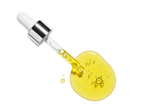 Close up of a glass dropper dispensing golden yellow cosmetic serum or oil onto a black surface isolated on transparent background