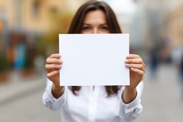 Person Outside Holding Blank Sign. A Beautiful Businesswoman with Billboard Outdoors