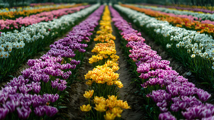 Colorful tulip and daffodil fields in springtime bloom create a vibrant landscape filled with natural beauty