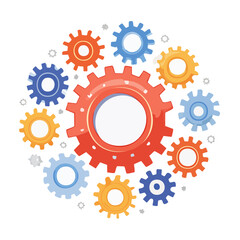 Cartoon gears mechanism in red, blue and gold circular arrangement on black background representing technology, innovation and teamwork