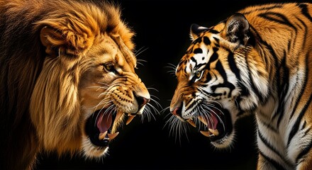 A powerful lion and a fierce tiger face off in a dramatic confrontation, showcasing their raw strength and predatory nature