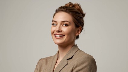 Close-up Portrait of a Confident Smiling Businesswoman with Hair Bun &ndash; Perfect for Branding, Advertising, Marketing, Fashion, and Beauty Concepts