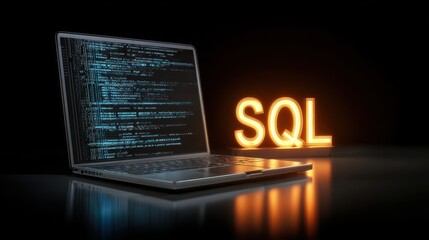 SQL Table. Laptop with Code Background and Inscription. Learn SQL Software Programming Language