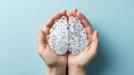 Stroke And Brain Injury. Woman Holding Brain Shape Paper on Blue Background for Alzheimer Awareness