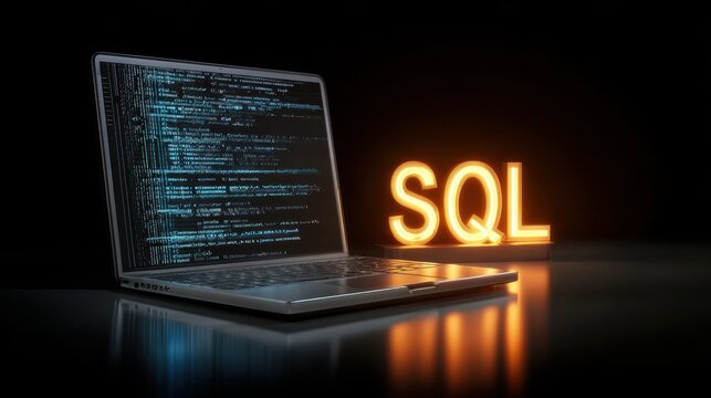 SQL Table. Laptop with Code Background and Inscription. Learn SQL Software Programming Language