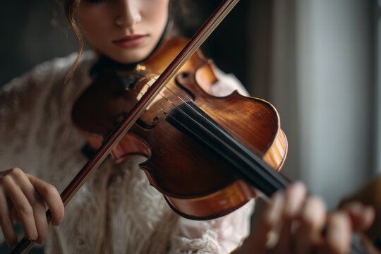 Teen Playing Violin at Home: Beautiful Girl Learning Musical Skills with Violin Bow - Powered by Adobe