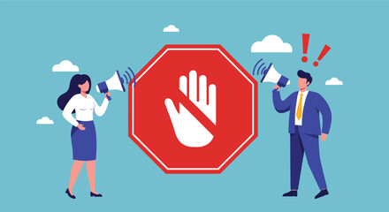 Warning message, prohibition concept, stop sign illustration, conflict alert, business communication, urgency, policy enforcement, megaphone, hand symbol