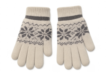 Pair of beige winter gloves with snowflake pattern on transparent background