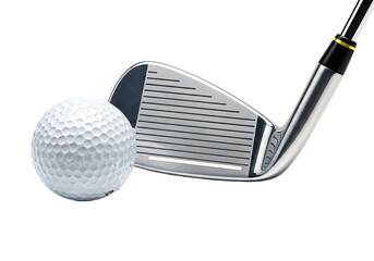 Close up of a golf club head about to strike a dimpled white golf ball isolated on transparent background