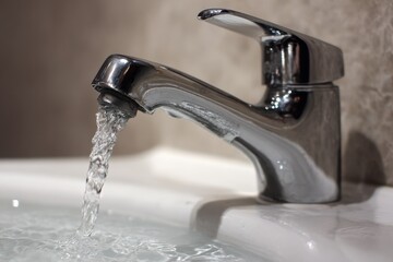 Turn Off Faucet to Save Water in Bathroom Basin. Close Up of Ceramic Tap Arm