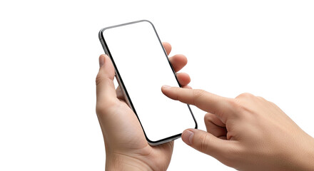 Close up of a person s hand holding and touching a modern smartphone screen isolated on transparent background
