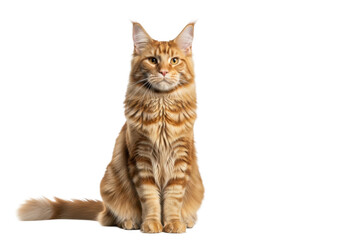 Obraz premium A majestic ginger tabby Maine Coon cat with shaggy fur, ear tufts, and wise golden eyes sits calmly on a transparent studio background with copy space, serene companion comfort