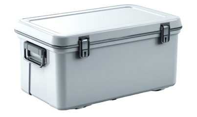A white, rectangular cooler with a hinged lid.  Handles and latches are visible