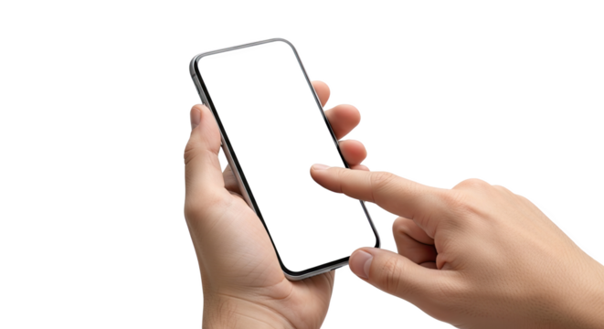 Close up of a person s hand holding and touching a modern smartphone screen isolated on transparent background