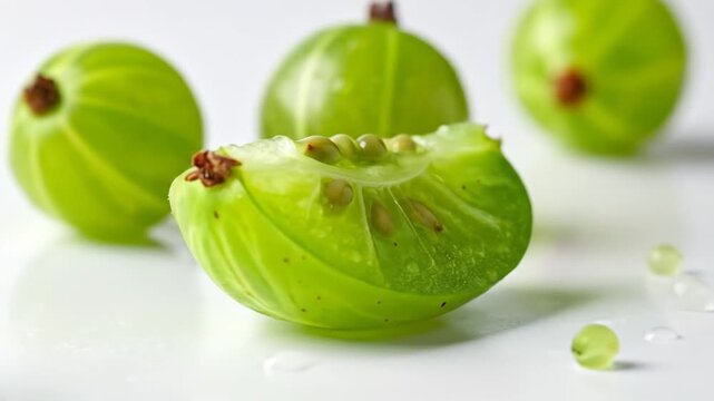 Close-up of sliced green gooseberries