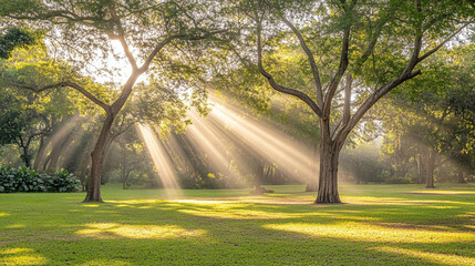 Obraz premium Serene Nature Scene, Sunlight Through Trees, Tranquil Park, Photography, Morning Atmosphere, Ground Level, Natural Beauty
