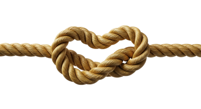 A thick natural rope tied into a heart shape symbol of love and connection isolated on transparent background