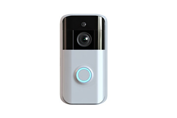 Fototapeta premium White and black doorbell camera, front view. Compact, modern design. Features a lens and a light-up button