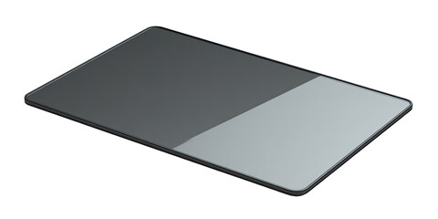 Isometric view of a flat, rectangular, gray device