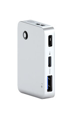 Fototapeta premium Portable, rectangular power bank, light gray color. Features multiple ports