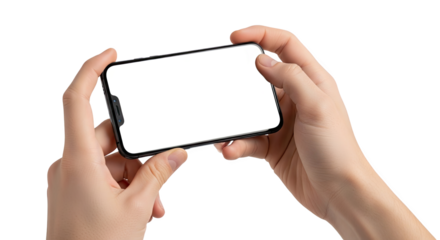 Close up of a person holding a smartphone horizontally with a blank white screen in their hands isolated on transparent background
