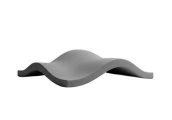 A simple, gently undulating 3D wave-like sculpture with a tactile, matte deep charcoal grey concrete texture, isolated on a transparent studio background with copy space, concept of modern simplicity