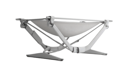 Light gray, angular, foldable, structure with a canvas-like interior.  A  triangular  support frame
