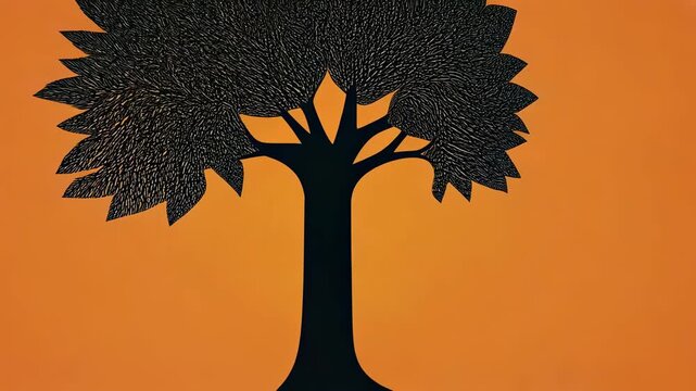 Black tree silhouette on vibrant orange background