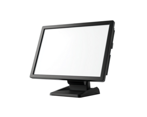 Black touchscreen monitor, angled view.  Blank white display