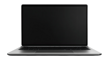 Front view of a modern laptop computer with a blank black screen.  Silver-toned metal chassis