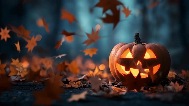 realistic close up pumpkin lantern with spooky light effect, halloween celebration background in autumn