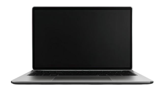 Front view of a modern laptop computer with a blank black screen.  Silver-toned metal chassis