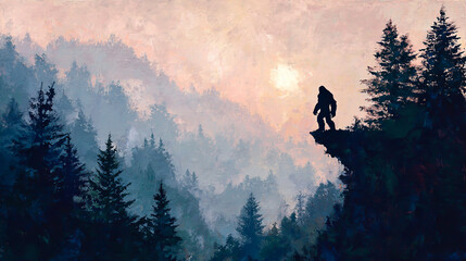 Naklejka premium A silhouette of Bigfoot standing on the edge of an ancient mountain