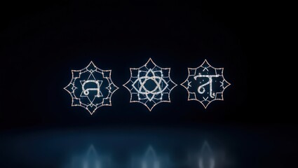 Three glowing symbols inside decorative shapes on a dark background with light reflections below